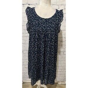 Joie Sleeveless Silk Prairie Dress Navy Blue Floral Print Pintuck & Ruffles L